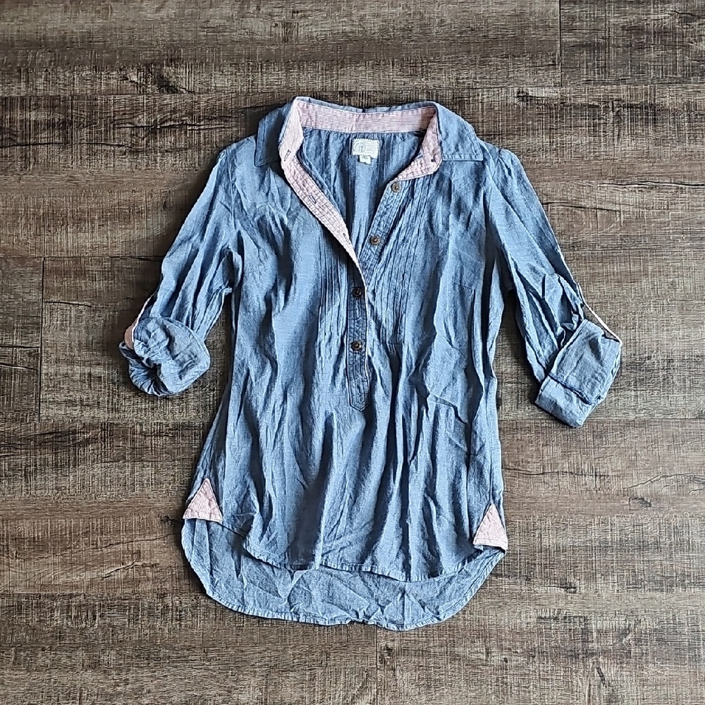 Anthropologie - Denim Blue Button-Up Shirt with Pink Accents